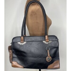 Bueno Black Croc Embossed Faux Leather Shoulder Bag Braid Handle Mixed Media